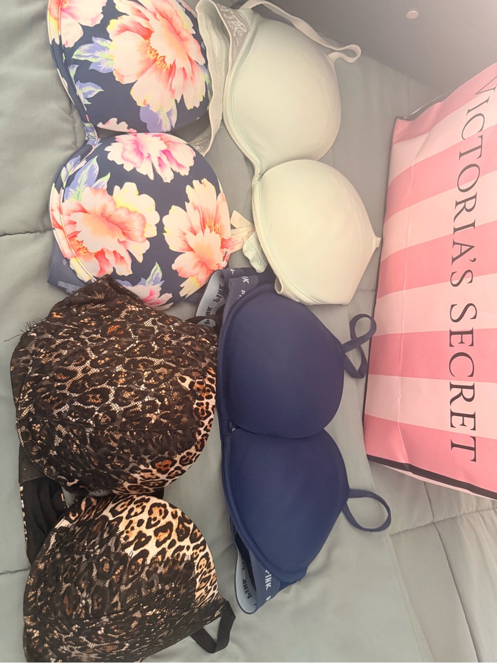 Victoria's Secret Floral, Navy, Ivory & Leopard Mix Bra Set